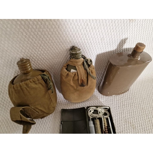 619 - Collection of Military Items; 3 x Water Carriers, Together with Gun Cleaning Kit, (4)