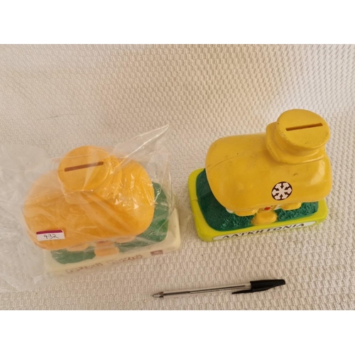 631 - 2 x Vintage Laiki Bank House Shaped Yellow Plastic Money Boxes, (One missing key and base cap), Made... 