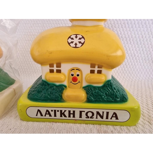 631 - 2 x Vintage Laiki Bank House Shaped Yellow Plastic Money Boxes, (One missing key and base cap), Made... 