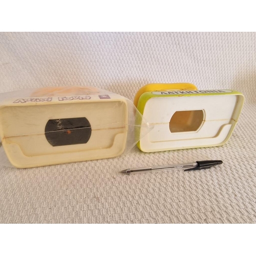 631 - 2 x Vintage Laiki Bank House Shaped Yellow Plastic Money Boxes, (One missing key and base cap), Made... 