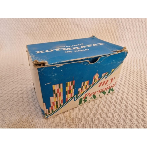 632 - Vintage 'My Personal Bank' Metal Money Box, Made in Athens, Greece (No Key), Together with a Vintage... 