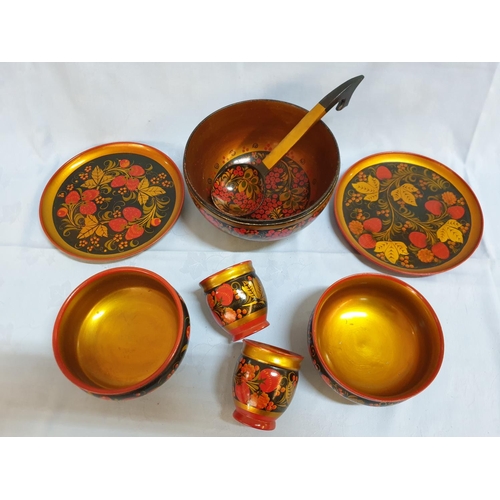 642 - Traditional Wooden Painted and Lacquered Collection of Serving Bowl with Ladle, 2 x Plates, 2 x Bowl... 