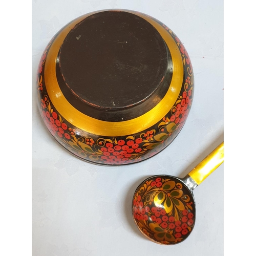 642 - Traditional Wooden Painted and Lacquered Collection of Serving Bowl with Ladle, 2 x Plates, 2 x Bowl... 