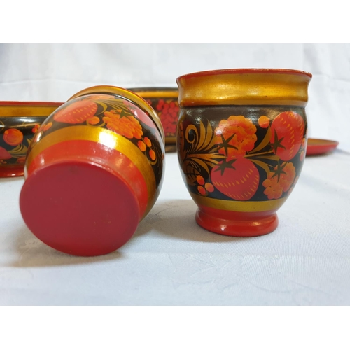 642 - Traditional Wooden Painted and Lacquered Collection of Serving Bowl with Ladle, 2 x Plates, 2 x Bowl... 