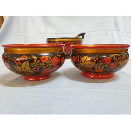 642 - Traditional Wooden Painted and Lacquered Collection of Serving Bowl with Ladle, 2 x Plates, 2 x Bowl... 