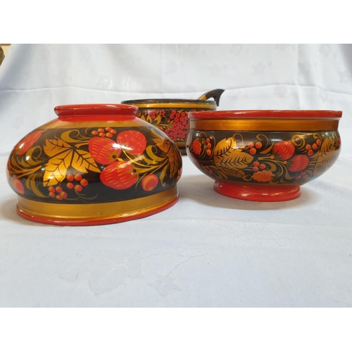 642 - Traditional Wooden Painted and Lacquered Collection of Serving Bowl with Ladle, 2 x Plates, 2 x Bowl... 