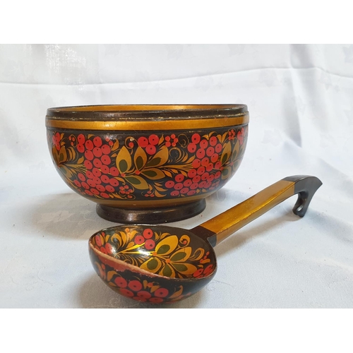 642 - Traditional Wooden Painted and Lacquered Collection of Serving Bowl with Ladle, 2 x Plates, 2 x Bowl... 