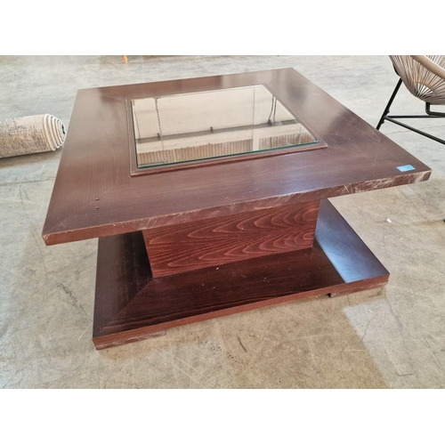 645 - Large Square Dark Wood Colour Coffee Table with Glass Display Centre Top and Lower Shelf Around, (Ap... 