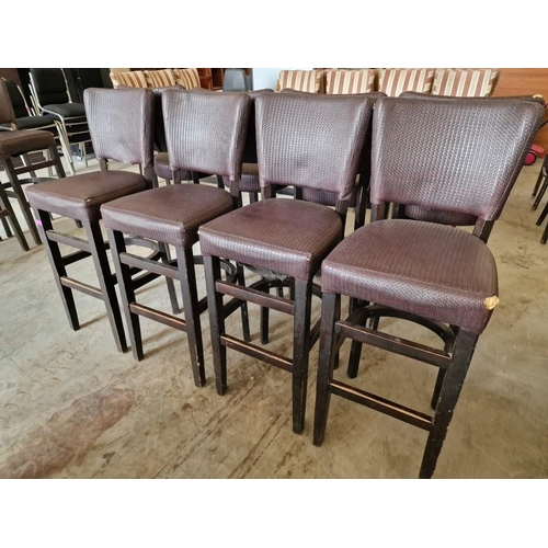 649 - Set of 4 x Bar Stools; Dark Wood Frame / Legs, with Padded Brown Colour Textured Vinyl Seat & Back R... 