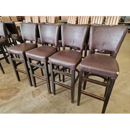 650 - Set of 4 x Bar Stools; Dark Wood Frame / Legs, with Padded Brown Colour Textured Vinyl Seat & Back R... 