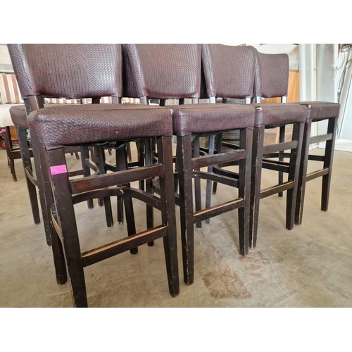 650 - Set of 4 x Bar Stools; Dark Wood Frame / Legs, with Padded Brown Colour Textured Vinyl Seat & Back R... 