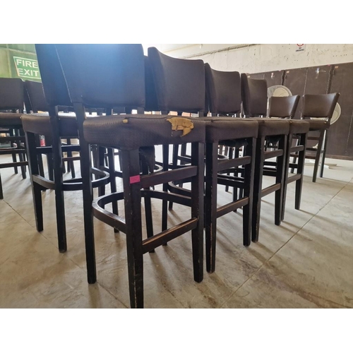 652 - Set of 4 x Bar Stools; Dark Wood Frame / Legs, with Padded Brown Colour Textured Vinyl Seat & Back R... 