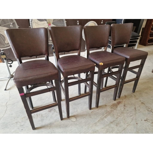 653 - Set of 4 x Bar Stools; Dark Wood Frame / Legs, with Padded Brown Colour Textured Vinyl Seat & Back R... 