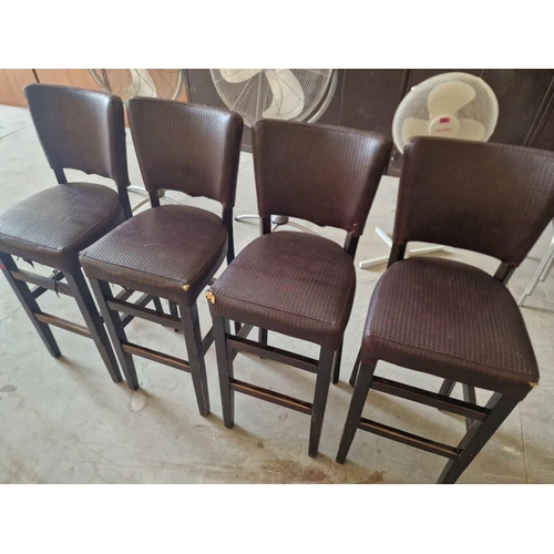 653 - Set of 4 x Bar Stools; Dark Wood Frame / Legs, with Padded Brown Colour Textured Vinyl Seat & Back R... 