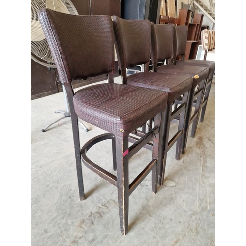 653 - Set of 4 x Bar Stools; Dark Wood Frame / Legs, with Padded Brown Colour Textured Vinyl Seat & Back R... 