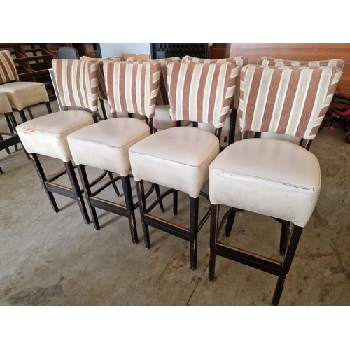 654 - Set of 4 x Bar Stools; Dark Wood Frame / Legs, with Padded Cream Colour Vinyl Seat and Red & Cream S... 