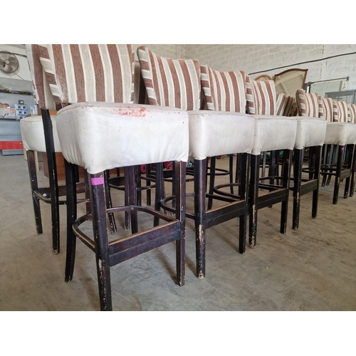 654 - Set of 4 x Bar Stools; Dark Wood Frame / Legs, with Padded Cream Colour Vinyl Seat and Red & Cream S... 