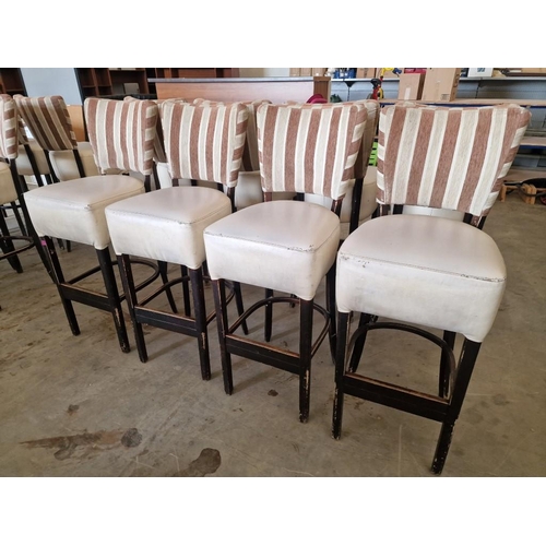 655 - Set of 4 x Bar Stools; Dark Wood Frame / Legs, with Padded Cream Colour Vinyl Seat and Red & Cream S... 