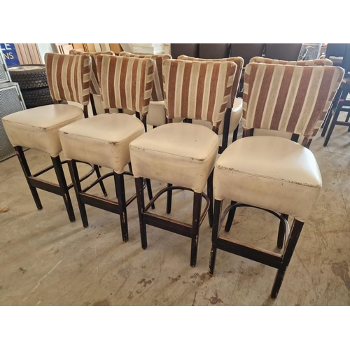 656 - Set of 4 x Bar Stools; Dark Wood Frame / Legs, with Padded Cream Colour Vinyl Seat and Red & Cream S... 