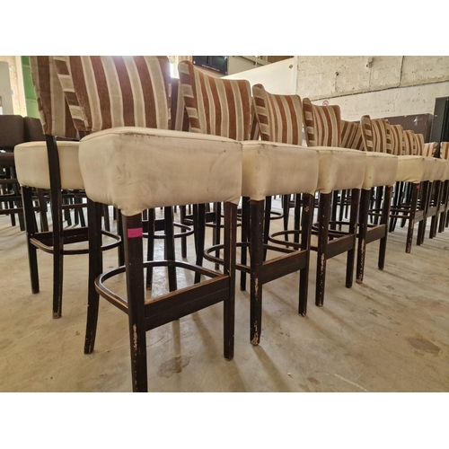 656 - Set of 4 x Bar Stools; Dark Wood Frame / Legs, with Padded Cream Colour Vinyl Seat and Red & Cream S... 