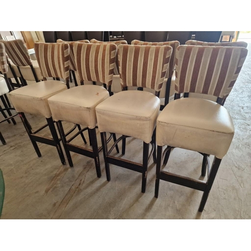 657 - Set of 4 x Bar Stools; Dark Wood Frame / Legs, with Padded Cream Colour Vinyl Seat and Red & Cream S... 