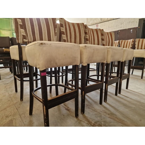 657 - Set of 4 x Bar Stools; Dark Wood Frame / Legs, with Padded Cream Colour Vinyl Seat and Red & Cream S... 