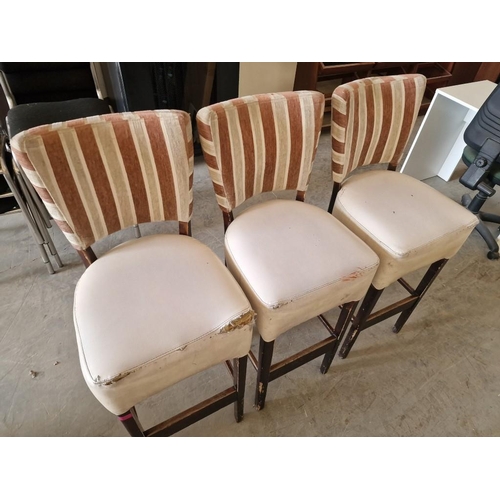 658 - Set of 3 x Bar Stools; Dark Wood Frame / Legs, with Padded Cream Colour Vinyl Seat and Red & Cream S... 