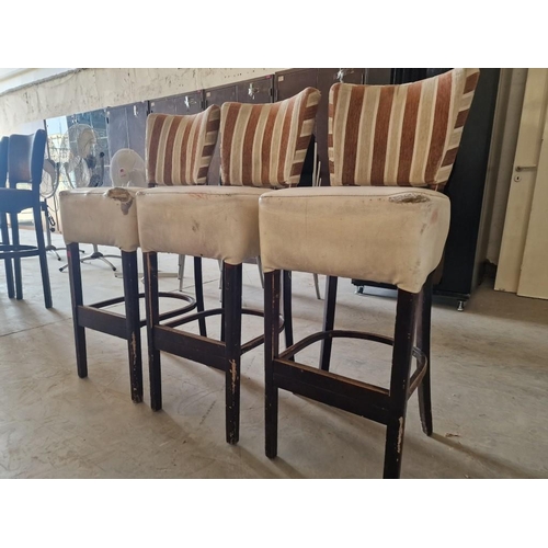 658 - Set of 3 x Bar Stools; Dark Wood Frame / Legs, with Padded Cream Colour Vinyl Seat and Red & Cream S... 