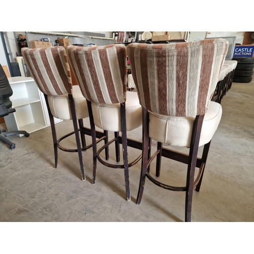 658 - Set of 3 x Bar Stools; Dark Wood Frame / Legs, with Padded Cream Colour Vinyl Seat and Red & Cream S... 