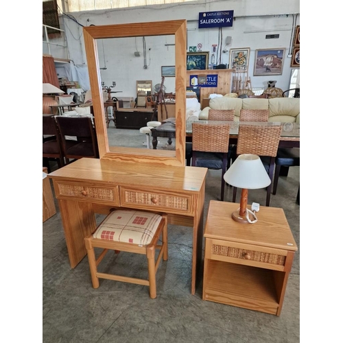 669 - Bedroom Set of Pine Effect Dressing Table with 2-Drawers and Woven Cane Front, Mirror Over, Matching... 