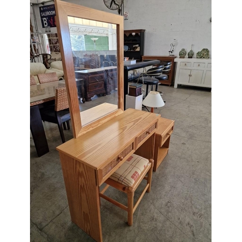 669 - Bedroom Set of Pine Effect Dressing Table with 2-Drawers and Woven Cane Front, Mirror Over, Matching... 