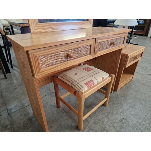 669 - Bedroom Set of Pine Effect Dressing Table with 2-Drawers and Woven Cane Front, Mirror Over, Matching... 