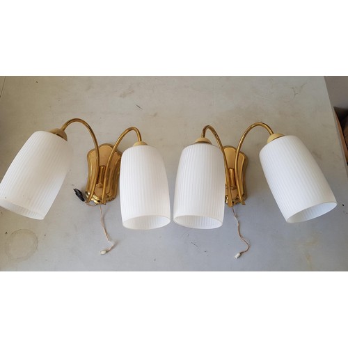 683 - Pair of Gold Colour Wall Lights with Milk Glass Shades (Un-Tested)