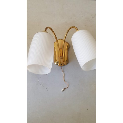 683 - Pair of Gold Colour Wall Lights with Milk Glass Shades (Un-Tested)