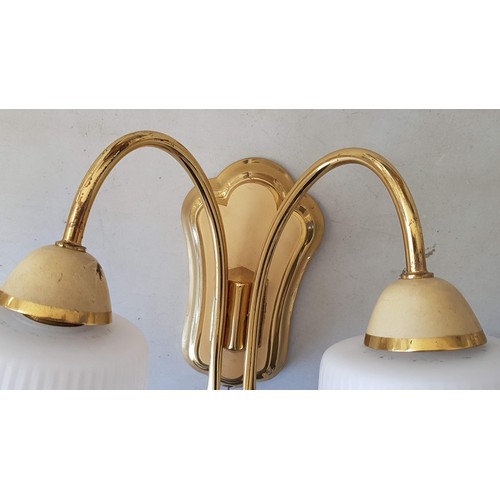 683 - Pair of Gold Colour Wall Lights with Milk Glass Shades (Un-Tested)