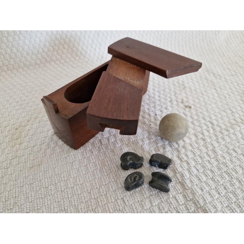 705 - Antique Game with 4 x Lead Cars(?) and Stone(?) Ball in Wooden Puzzle Box