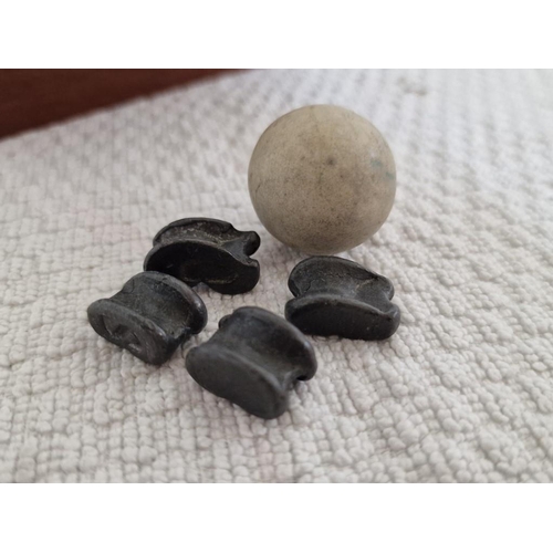 705 - Antique Game with 4 x Lead Cars(?) and Stone(?) Ball in Wooden Puzzle Box