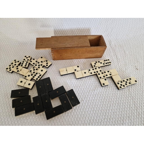 706 - Vintage Set of Dominoes, (28 Pieces), Ebony & Bone(?) with Brass Inlay, in Wooden Case