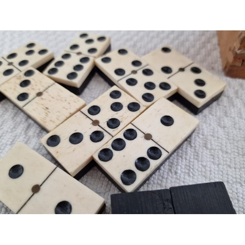 706 - Vintage Set of Dominoes, (28 Pieces), Ebony & Bone(?) with Brass Inlay, in Wooden Case