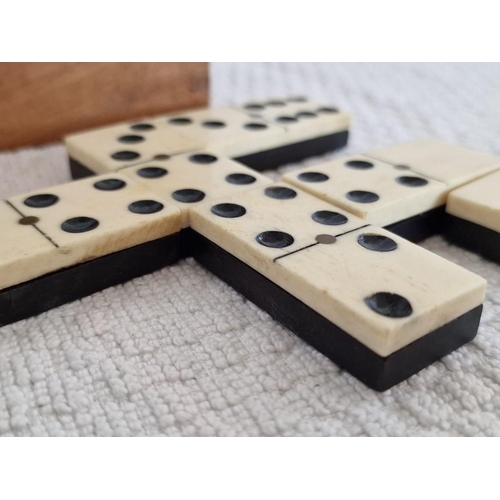 706 - Vintage Set of Dominoes, (28 Pieces), Ebony & Bone(?) with Brass Inlay, in Wooden Case