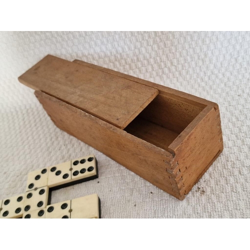 706 - Vintage Set of Dominoes, (28 Pieces), Ebony & Bone(?) with Brass Inlay, in Wooden Case