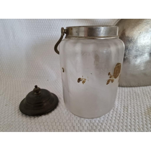 707 - Vintage Glass Jar, Hand Painted with Metal Lid and Carrying Handle, Together with Abstract Silver Co... 