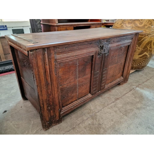 700 - Antique Oak Dutch Bridal Chest with Hinged Lid, Carved Details and Date of 1687, (Approx. 143 x 65 x... 