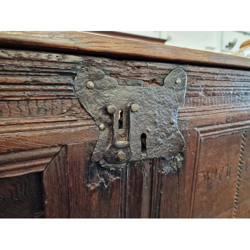 700 - Antique Oak Dutch Bridal Chest with Hinged Lid, Carved Details and Date of 1687, (Approx. 143 x 65 x... 