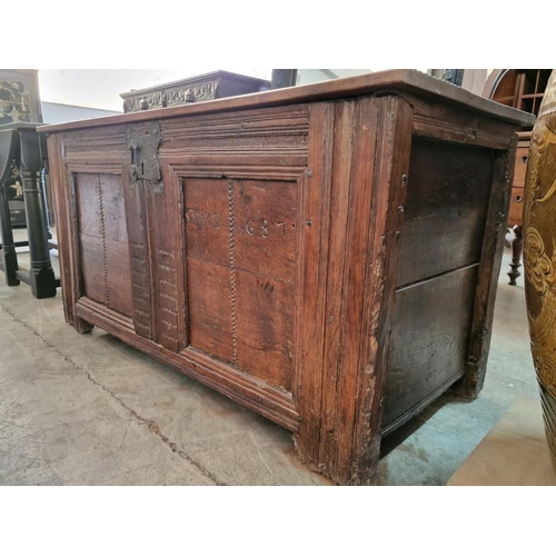 700 - Antique Oak Dutch Bridal Chest with Hinged Lid, Carved Details and Date of 1687, (Approx. 143 x 65 x... 