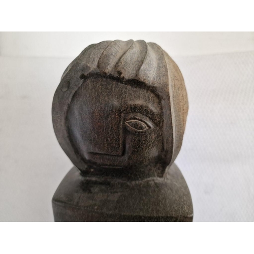 696 - Hand Carved African Blackstone Statue, Very Heavy with Face & Hair Details on Polished Column (Appro... 