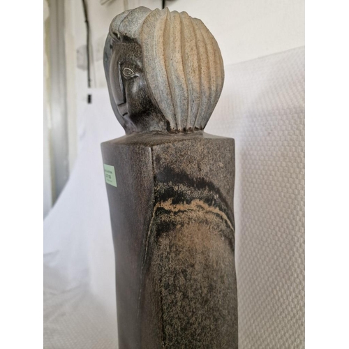 696 - Hand Carved African Blackstone Statue, Very Heavy with Face & Hair Details on Polished Column (Appro... 