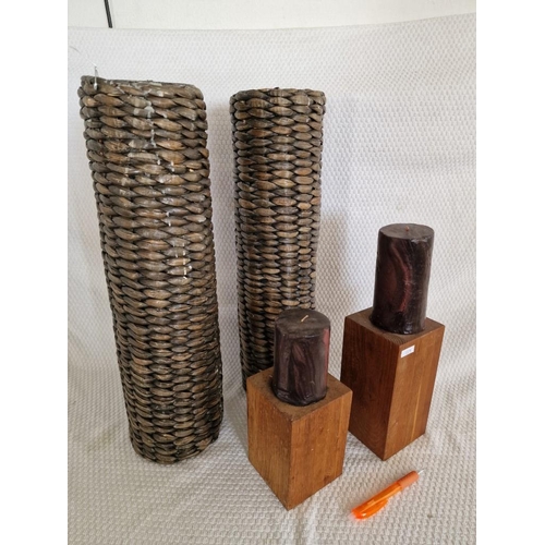 697 - Pair of Tall Rattan Candle Holders, Cylindrical Shape, (Approx. H: 50cm), Together with 2 x Solid Wo... 