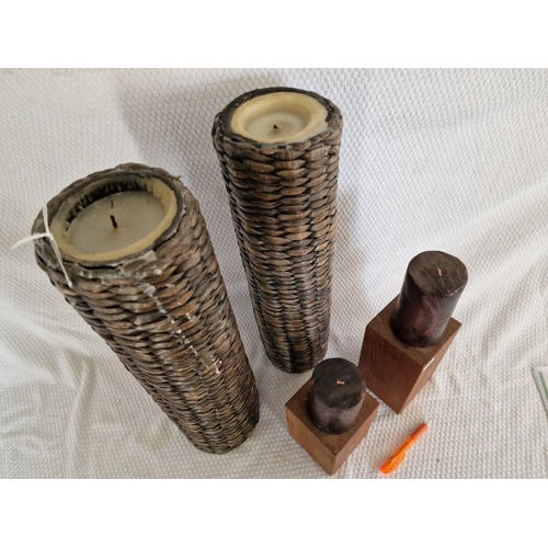 697 - Pair of Tall Rattan Candle Holders, Cylindrical Shape, (Approx. H: 50cm), Together with 2 x Solid Wo... 