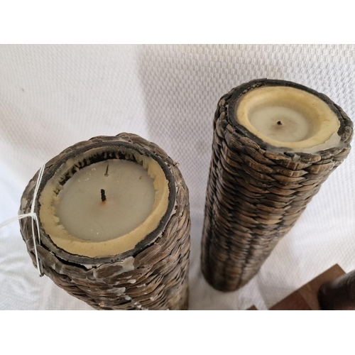 697 - Pair of Tall Rattan Candle Holders, Cylindrical Shape, (Approx. H: 50cm), Together with 2 x Solid Wo... 